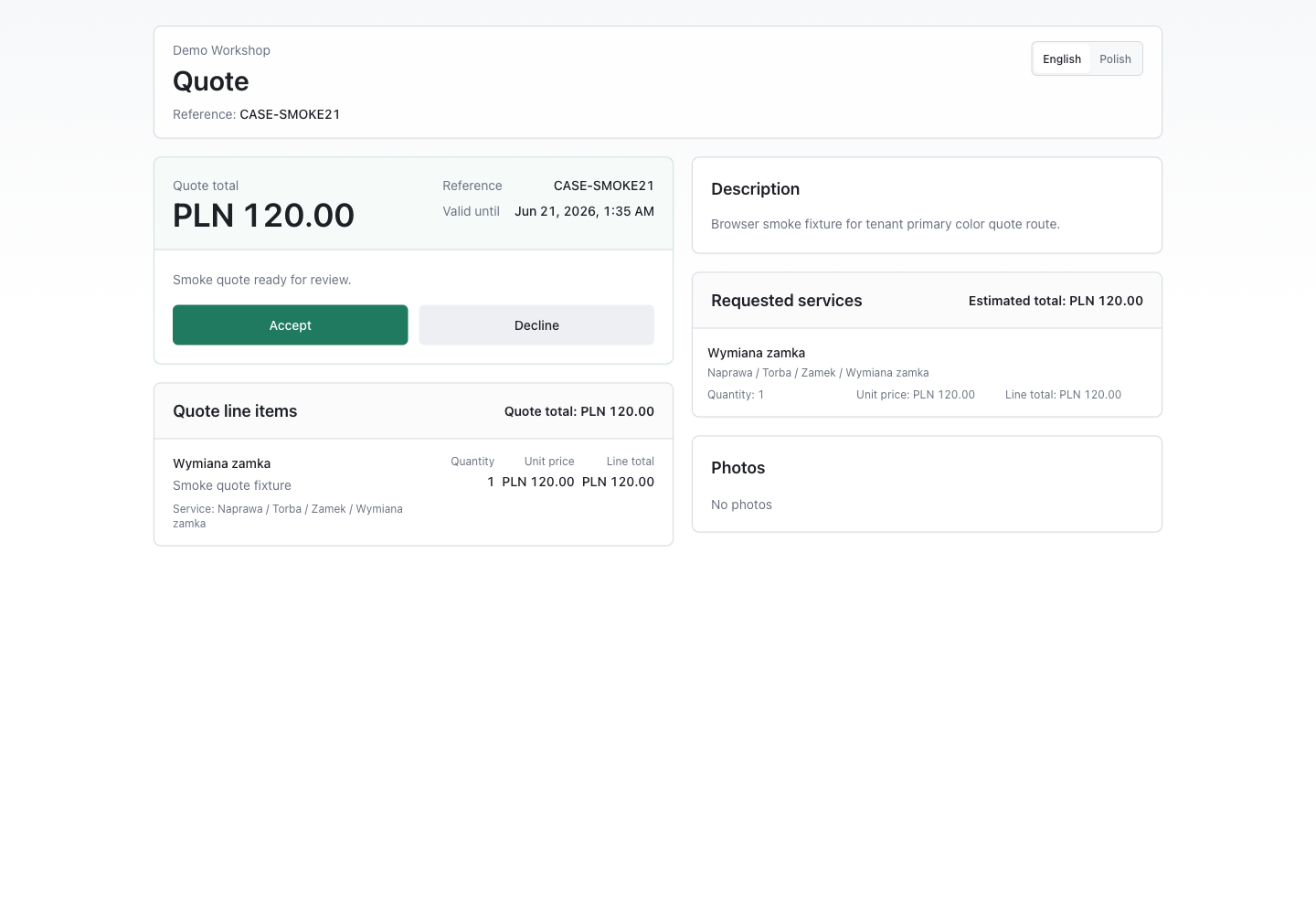 Customer quote page with itemized lines, total, and accept or decline