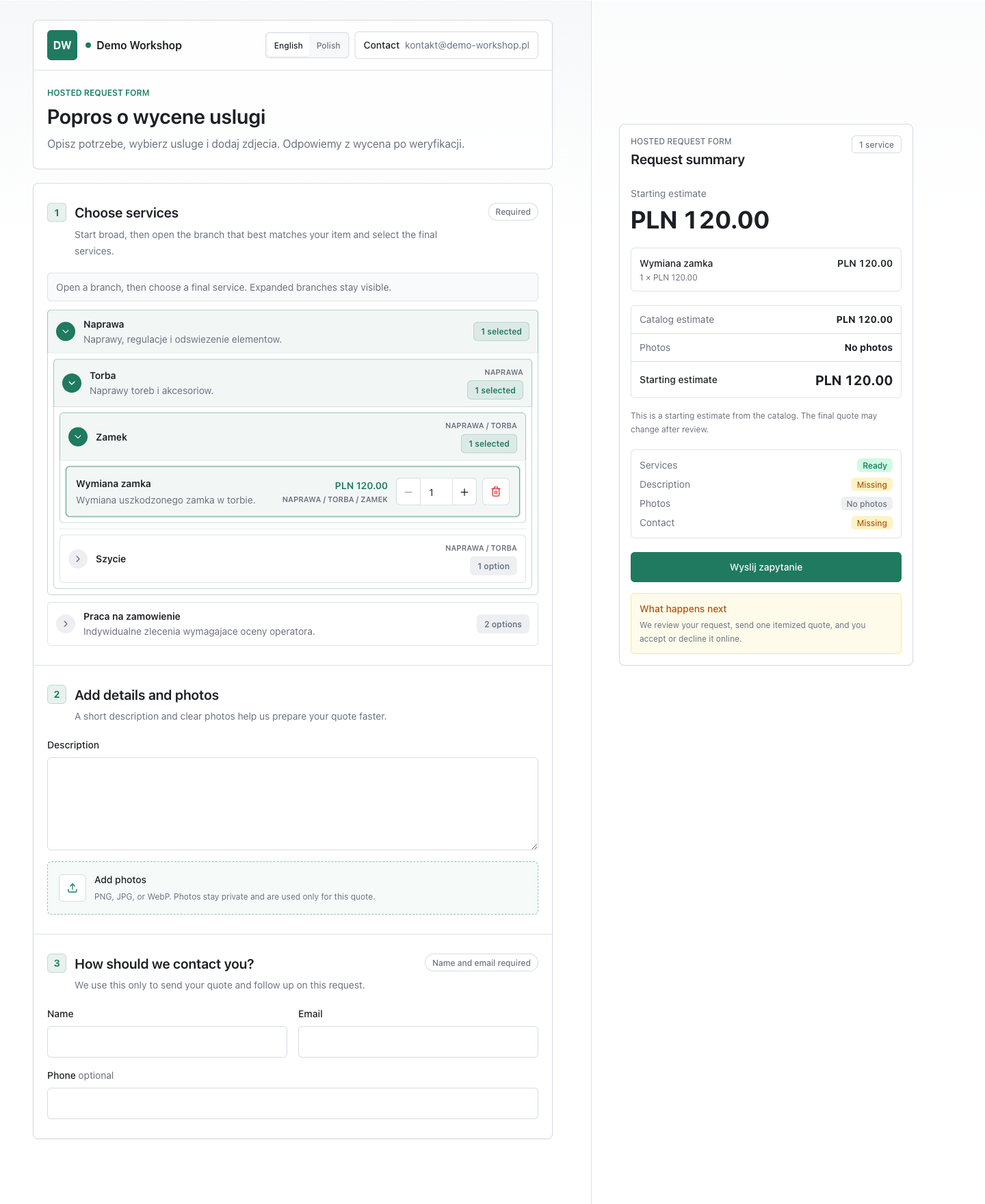 Hosted request form with service selection and a live request summary
